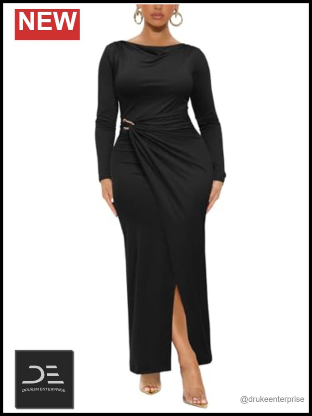 Elegant Cowl Neck Long Sleeve Bodycon Maxi Dress Gold Buckle Side Slit